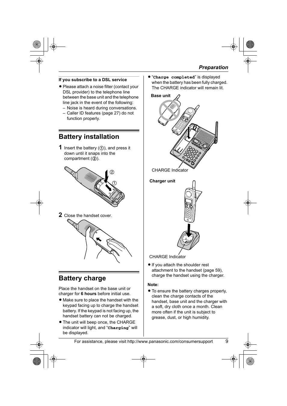 Battery installation, Battery charge | Panasonic KX-TG2388 User Manual | Page 9 / 76