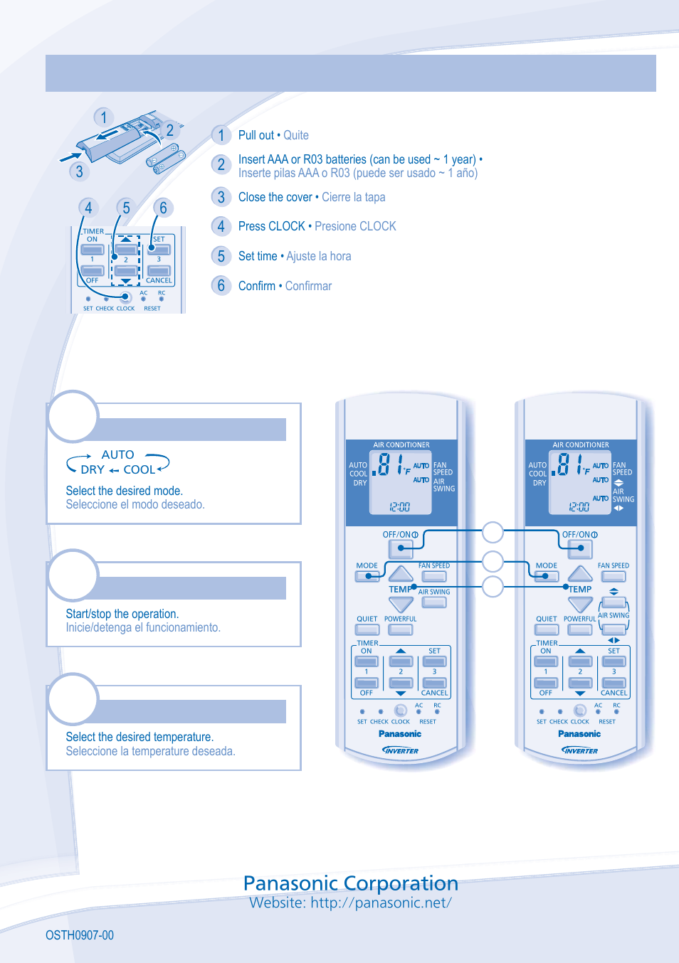 Quick guide/guía rápida, Panasonic corporation, 21 3 mode mode | Off/on, Temp, Pull out • quite, Close the cover • cierre la tapa, Press clock • presione clock, Set time • ajuste la hora, Confi rm • confi rmar | Panasonic CU-S9JKU User Manual | Page 20 / 20