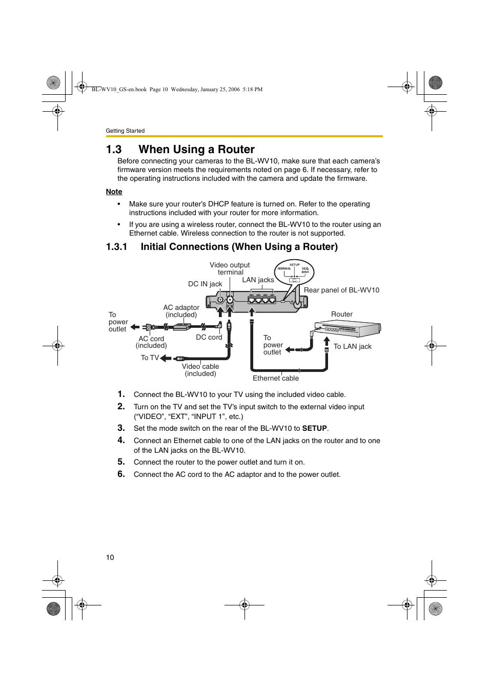 When using a router, Initial connections (when using a router), 3 when using a router | 1 initial connections (when using a router) | Panasonic BL-WV10 User Manual | Page 10 / 132