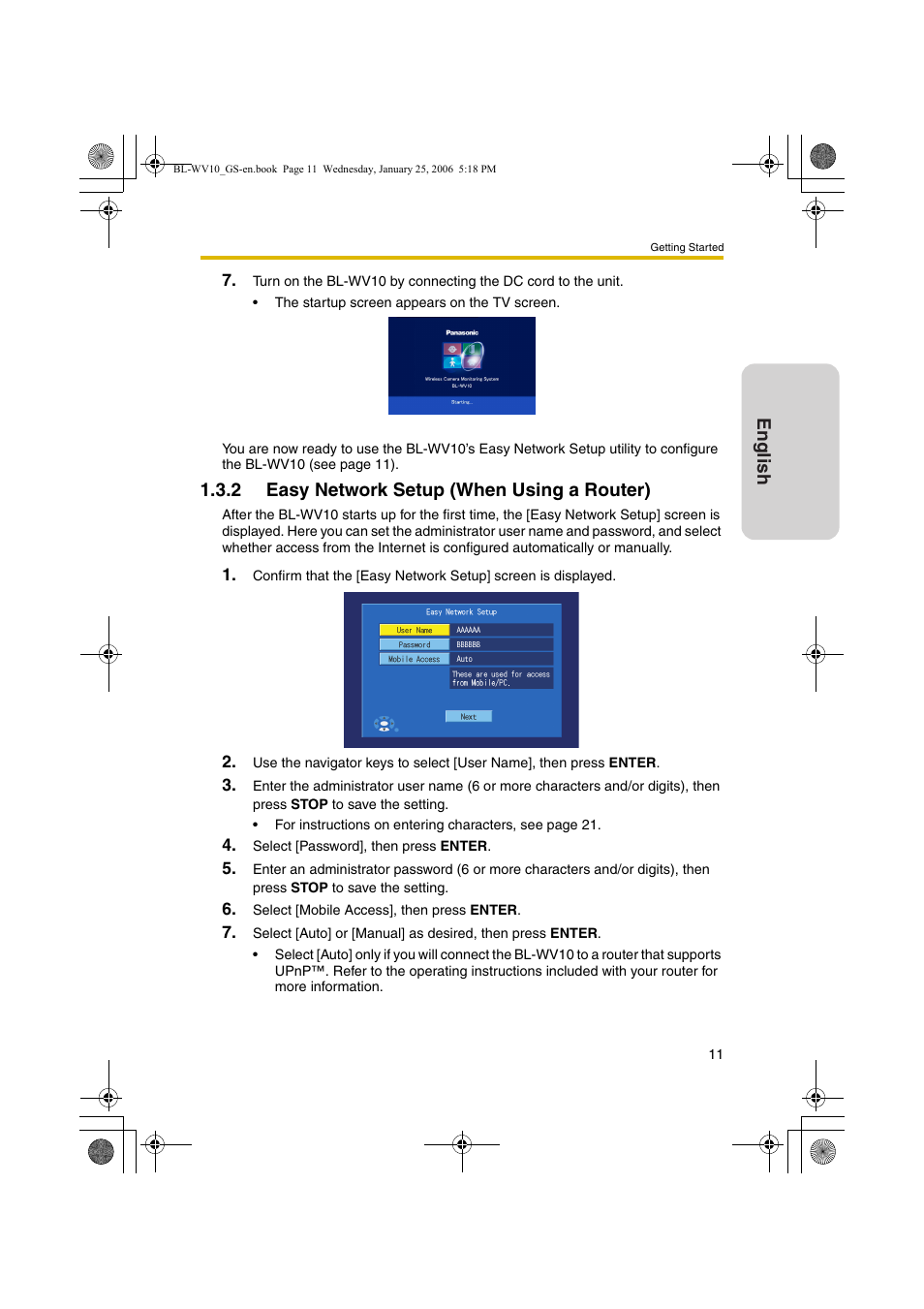 Easy network setup (when using a router), English, 2 easy network setup (when using a router) | Panasonic BL-WV10 User Manual | Page 11 / 132