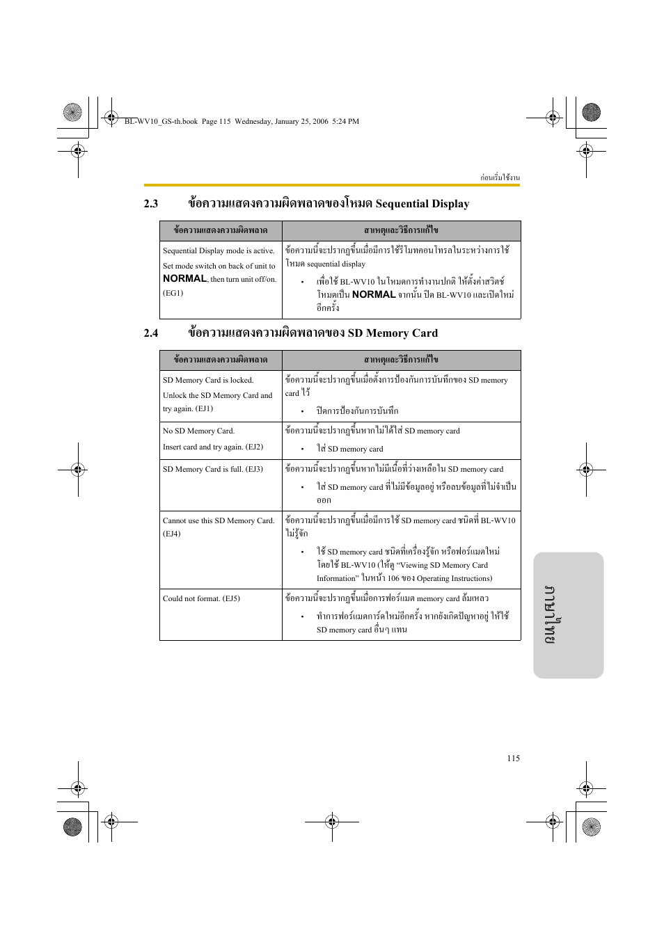ขอความแสดงความผิดพลาดของ sd memory card | Panasonic BL-WV10 User Manual | Page 115 / 132