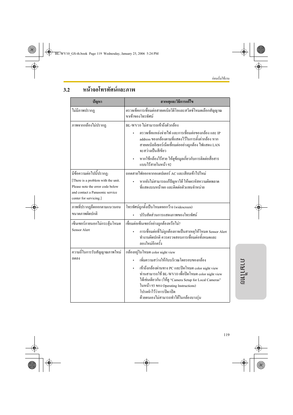 หนาจอโทรทัศนและภาพ, 2 หนาจอโทรทัศนและภาพ | Panasonic BL-WV10 User Manual | Page 119 / 132