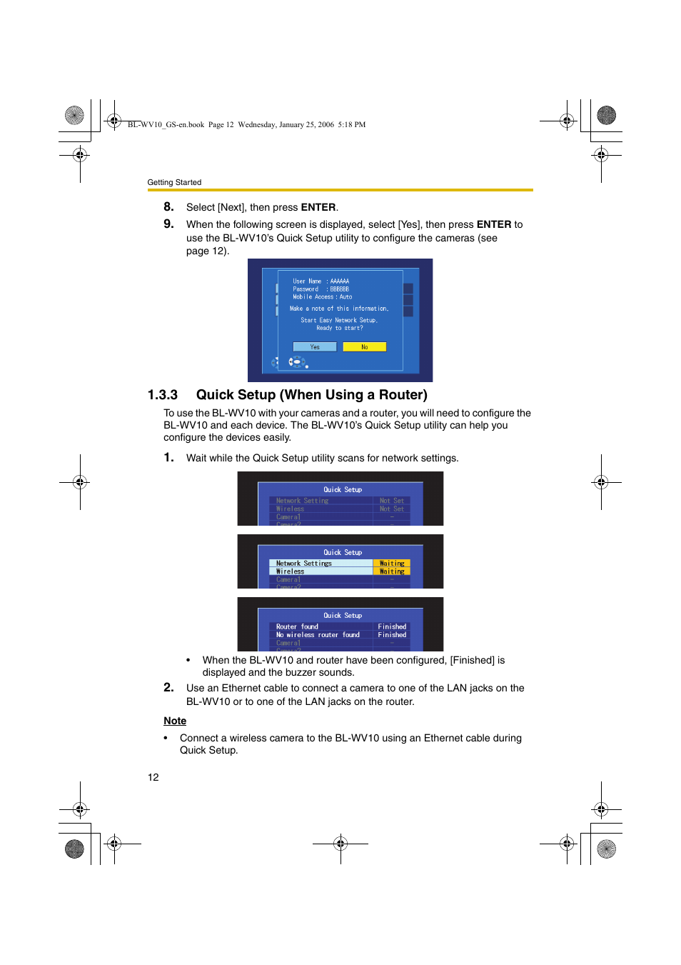 Quick setup (when using a router), 3 quick setup (when using a router) | Panasonic BL-WV10 User Manual | Page 12 / 132