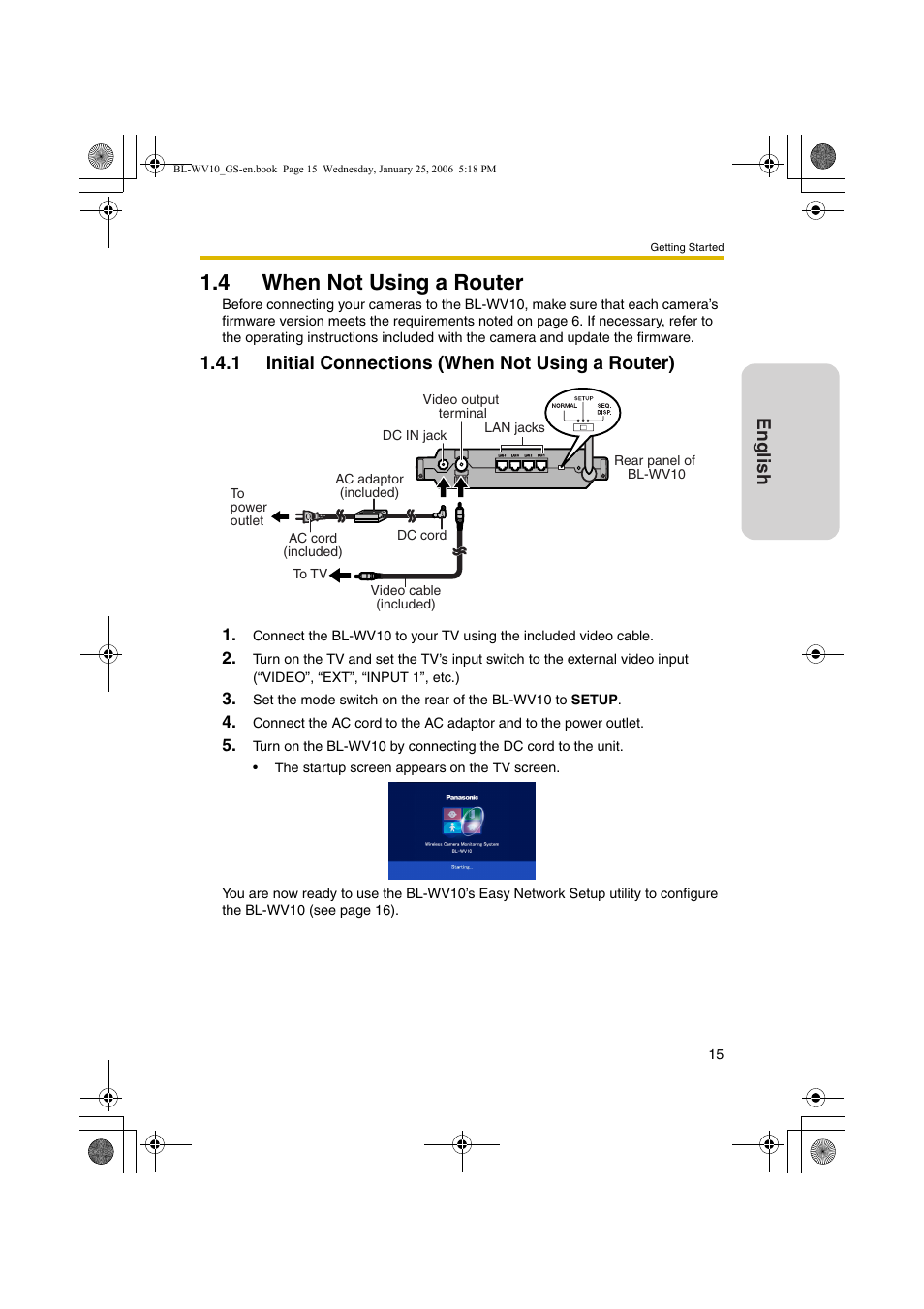 When not using a router, Initial connections (when not using a router), 4 when not using a router | English, 1 initial connections (when not using a router) | Panasonic BL-WV10 User Manual | Page 15 / 132