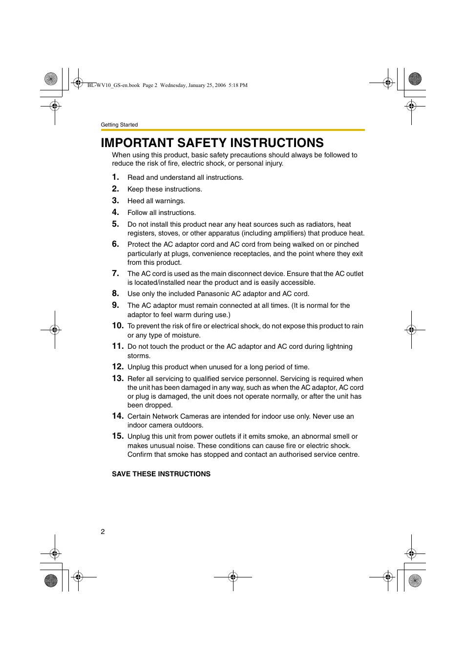 Important safety instructions | Panasonic BL-WV10 User Manual | Page 2 / 132