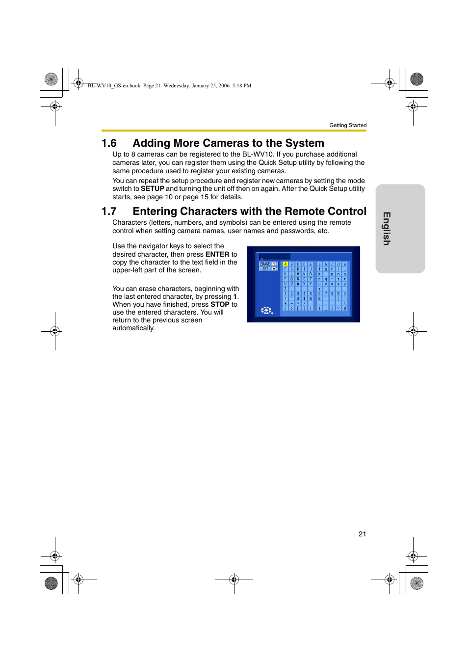 Adding more cameras to the system, Entering characters with the remote control, 6 adding more cameras to the system | 7 entering characters with the remote control | Panasonic BL-WV10 User Manual | Page 21 / 132