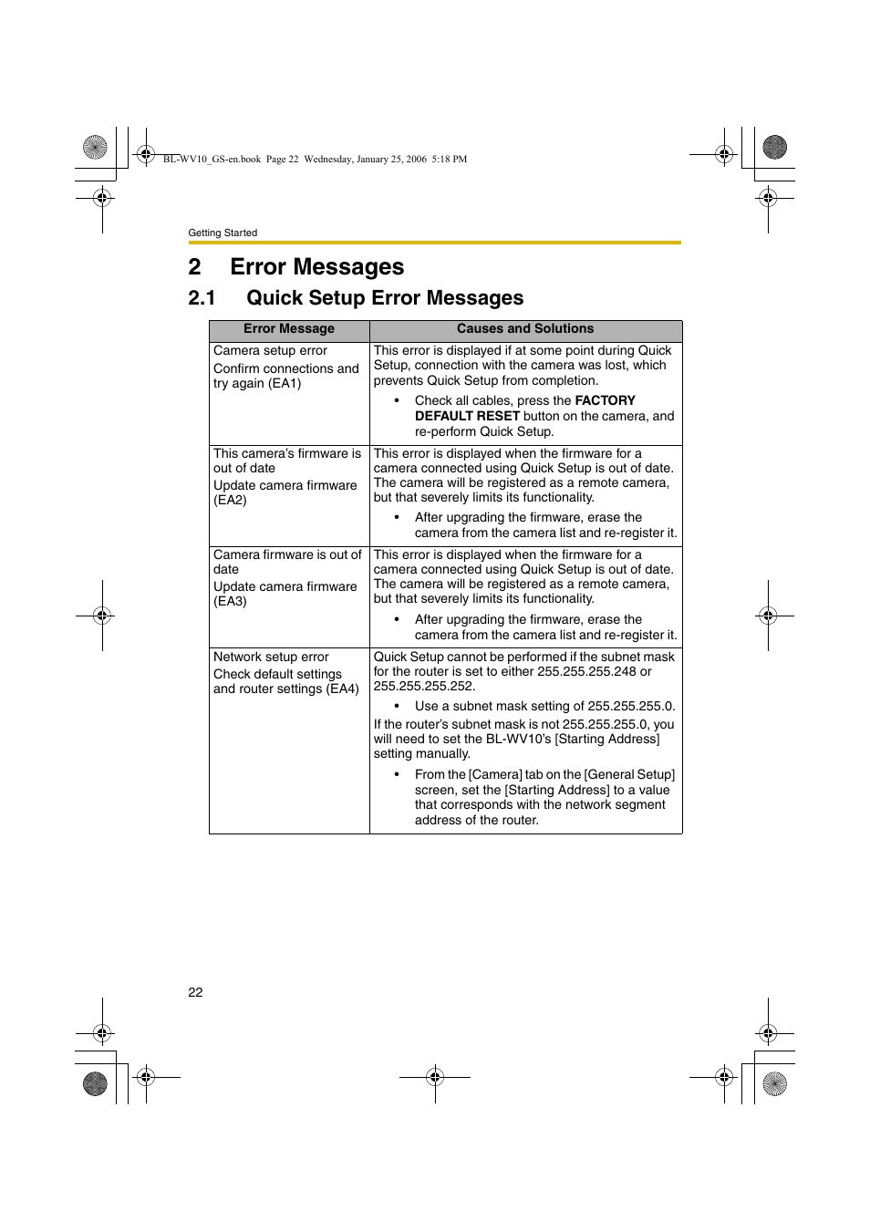 Error messages, Quick setup error messages, 2error messages | 1 quick setup error messages | Panasonic BL-WV10 User Manual | Page 22 / 132