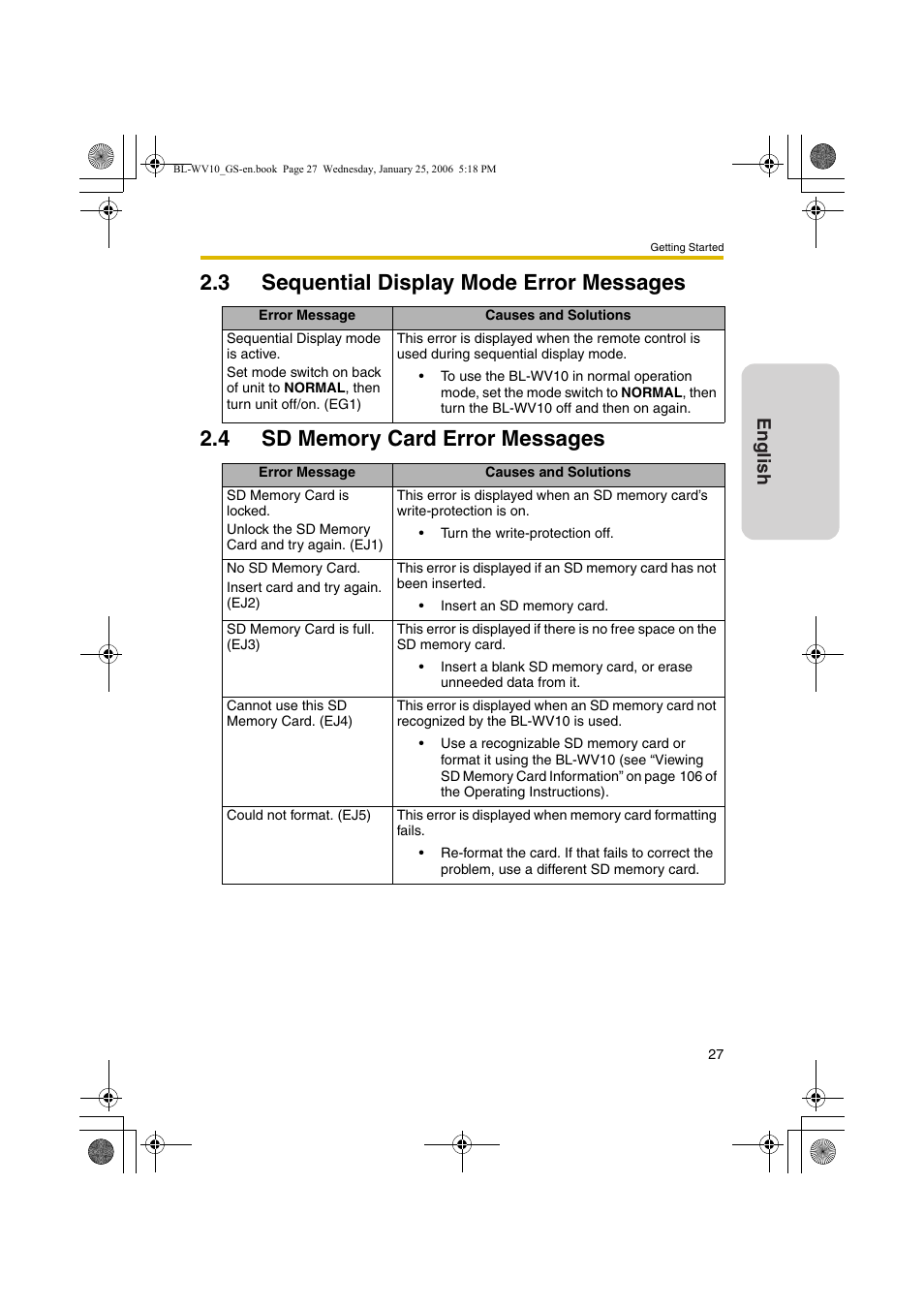 Sequential display mode error messages, Sd memory card error messages, English | Panasonic BL-WV10 User Manual | Page 27 / 132