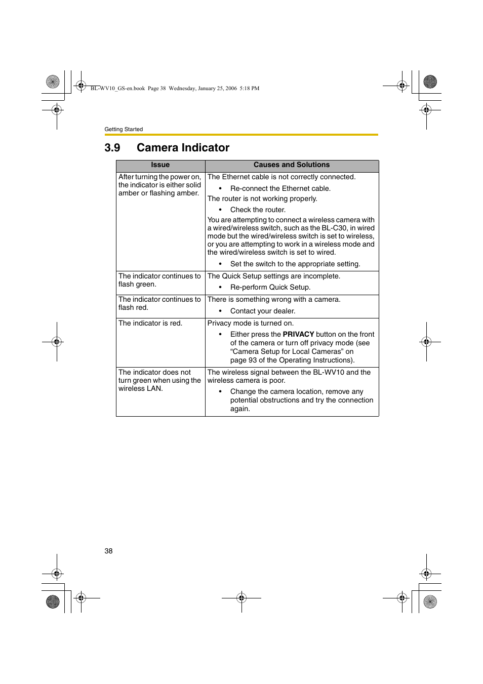 Camera indicator, 9 camera indicator | Panasonic BL-WV10 User Manual | Page 38 / 132