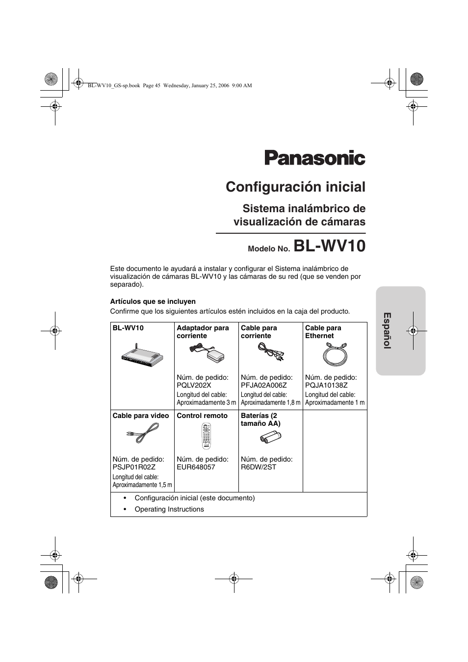 Bl-wv10, Configuración inicial, Sistema inalámbrico de visualización de cámaras | Panasonic BL-WV10 User Manual | Page 45 / 132