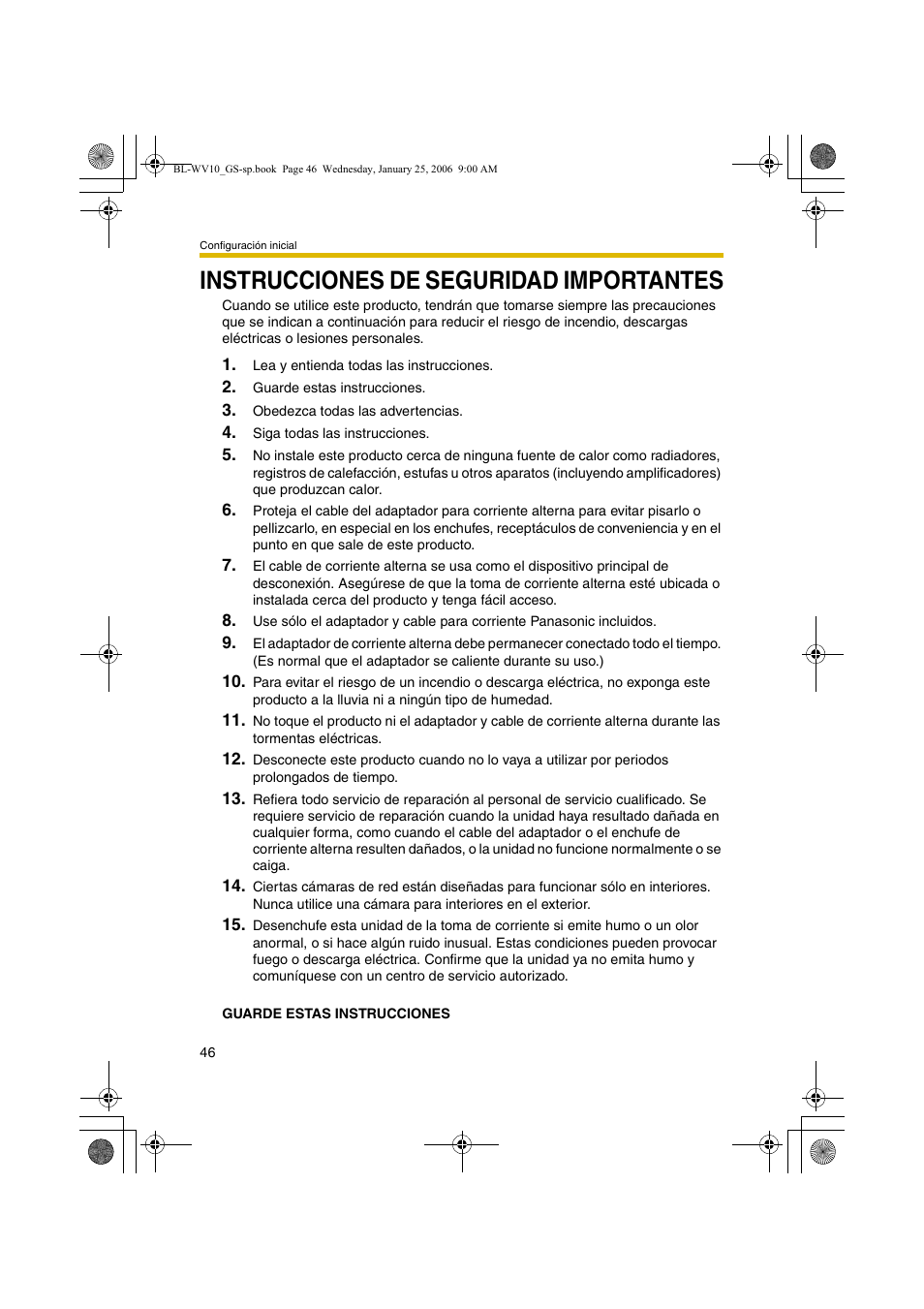 Instrucciones de seguridad importantes | Panasonic BL-WV10 User Manual | Page 46 / 132
