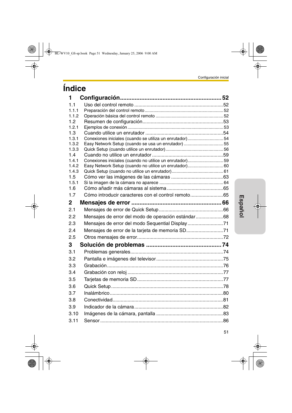 Índice, Español, 1configuración | 2mensajes de error, 3solución de problemas | Panasonic BL-WV10 User Manual | Page 51 / 132