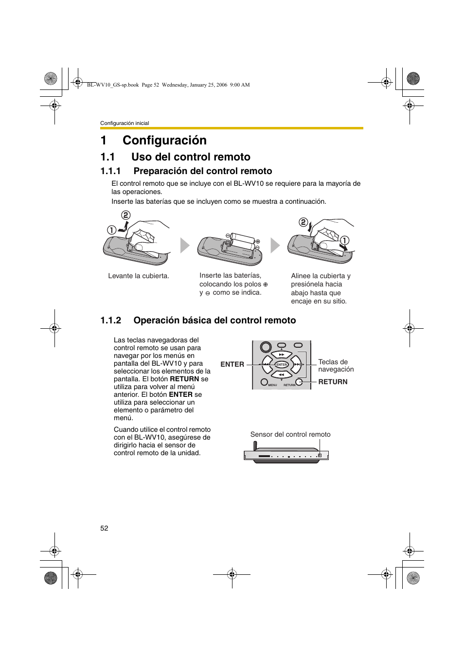 Índice, Configuración, Uso del control remoto | Preparación del control remoto, Operación básica del control remoto, 1configuración, 1 uso del control remoto | Panasonic BL-WV10 User Manual | Page 52 / 132