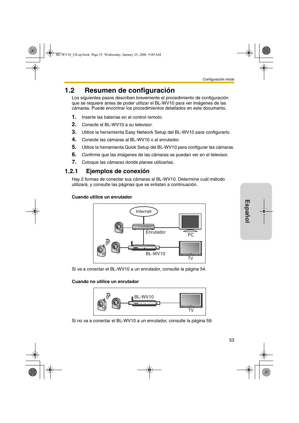 Resumen de configuración, Ejemplos de conexión, 2 resumen de configuración | Español, 1 ejemplos de conexión | Panasonic BL-WV10 User Manual | Page 53 / 132