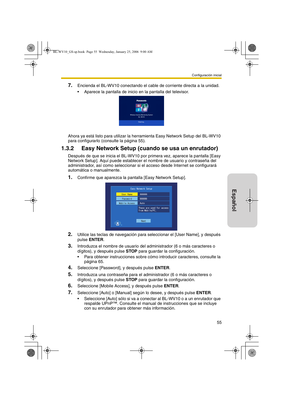 Easy network setup (cuando se usa un enrutador), Español, 2 easy network setup (cuando se usa un enrutador) | Panasonic BL-WV10 User Manual | Page 55 / 132