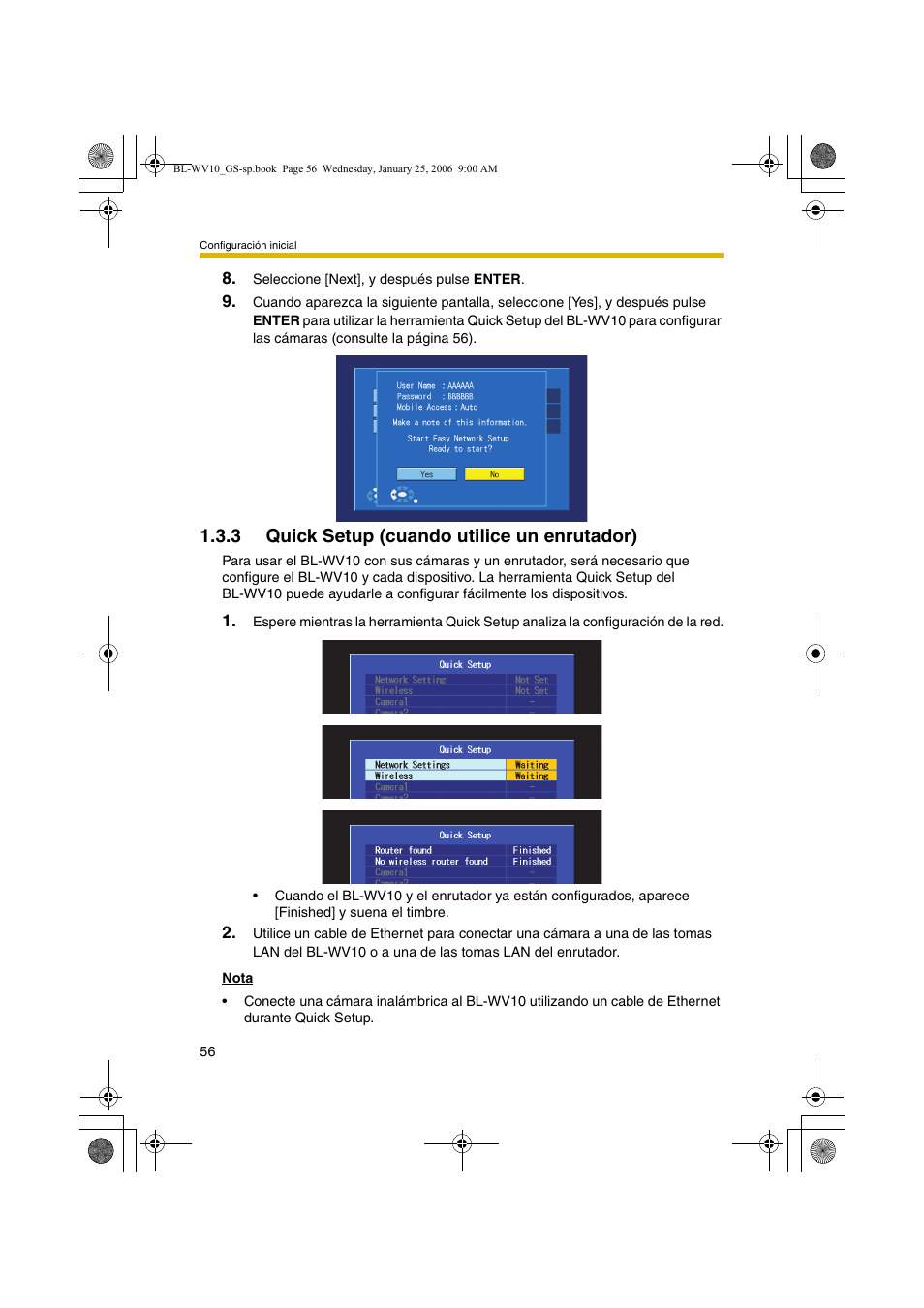 Quick setup (cuando utilice un enrutador), 3 quick setup (cuando utilice un enrutador) | Panasonic BL-WV10 User Manual | Page 56 / 132