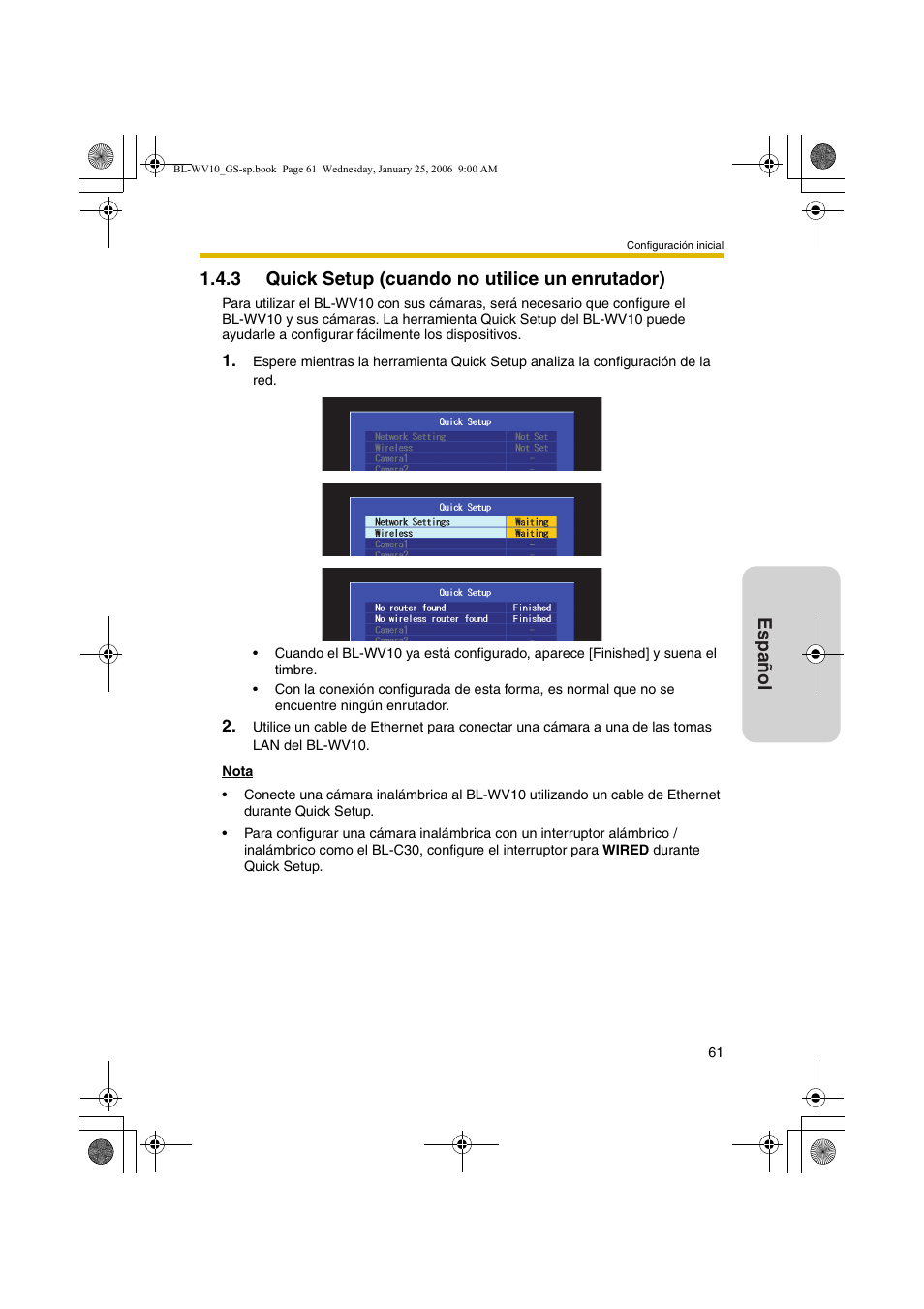 Quick setup (cuando no utilice un enrutador) | Panasonic BL-WV10 User Manual | Page 61 / 132