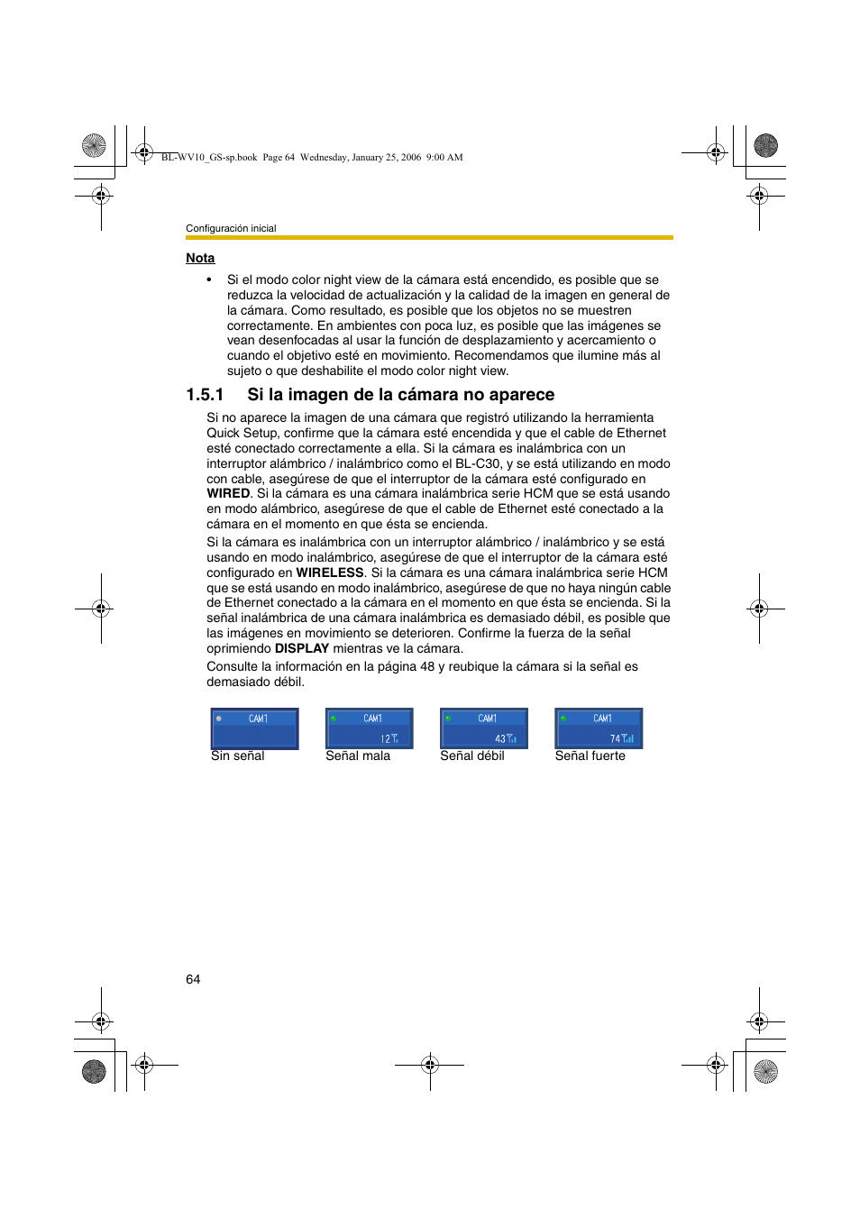 Si la imagen de la cámara no aparece, 1 si la imagen de la cámara no aparece | Panasonic BL-WV10 User Manual | Page 64 / 132