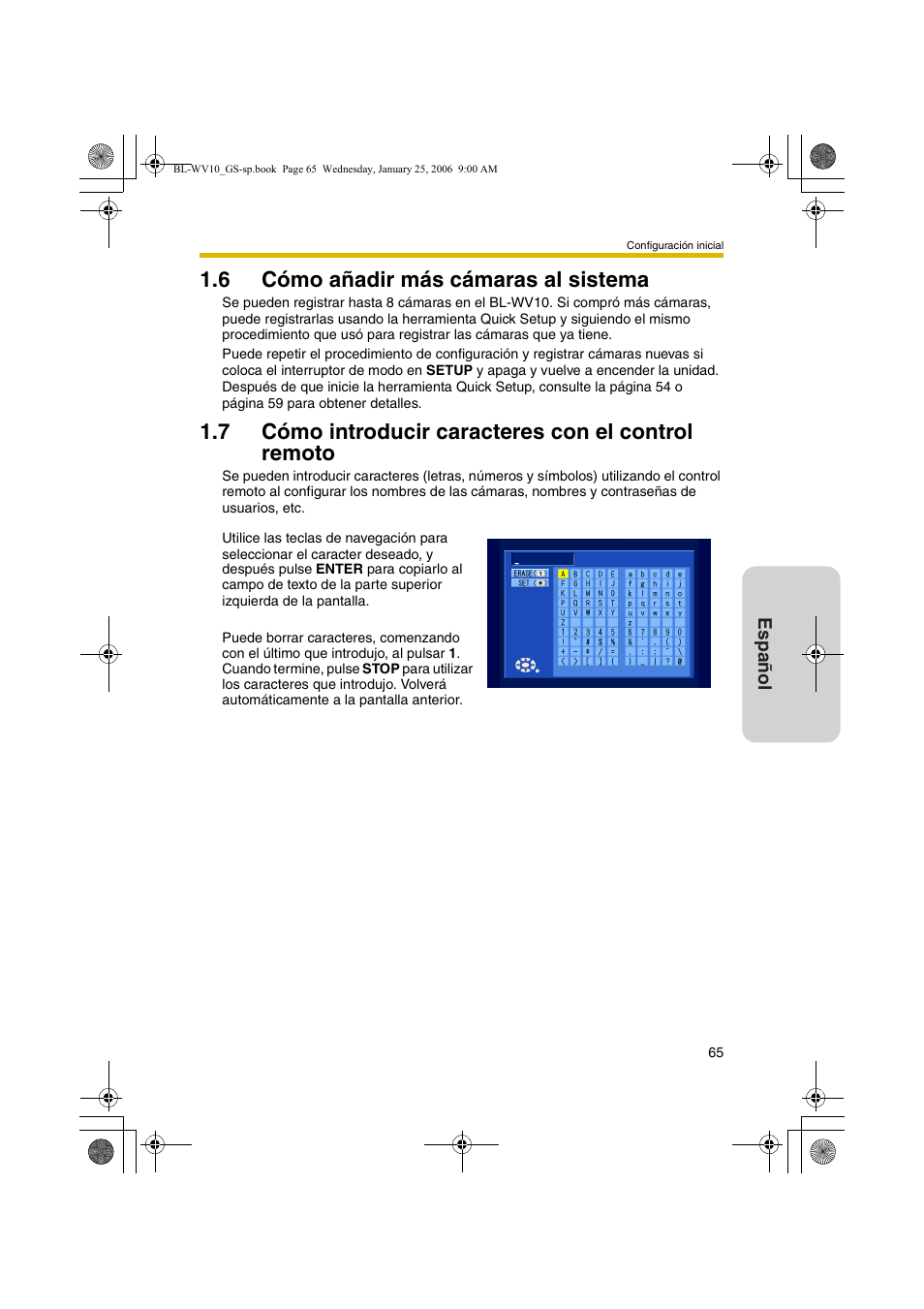 Cómo añadir más cámaras al sistema, Cómo introducir caracteres con el control remoto, 6 cómo añadir más cámaras al sistema | 7 cómo introducir caracteres con el control remoto | Panasonic BL-WV10 User Manual | Page 65 / 132