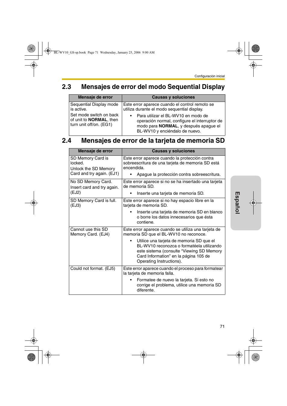 Mensajes de error del modo sequential display, Mensajes de error de la tarjeta de memoria sd, Español | Panasonic BL-WV10 User Manual | Page 71 / 132