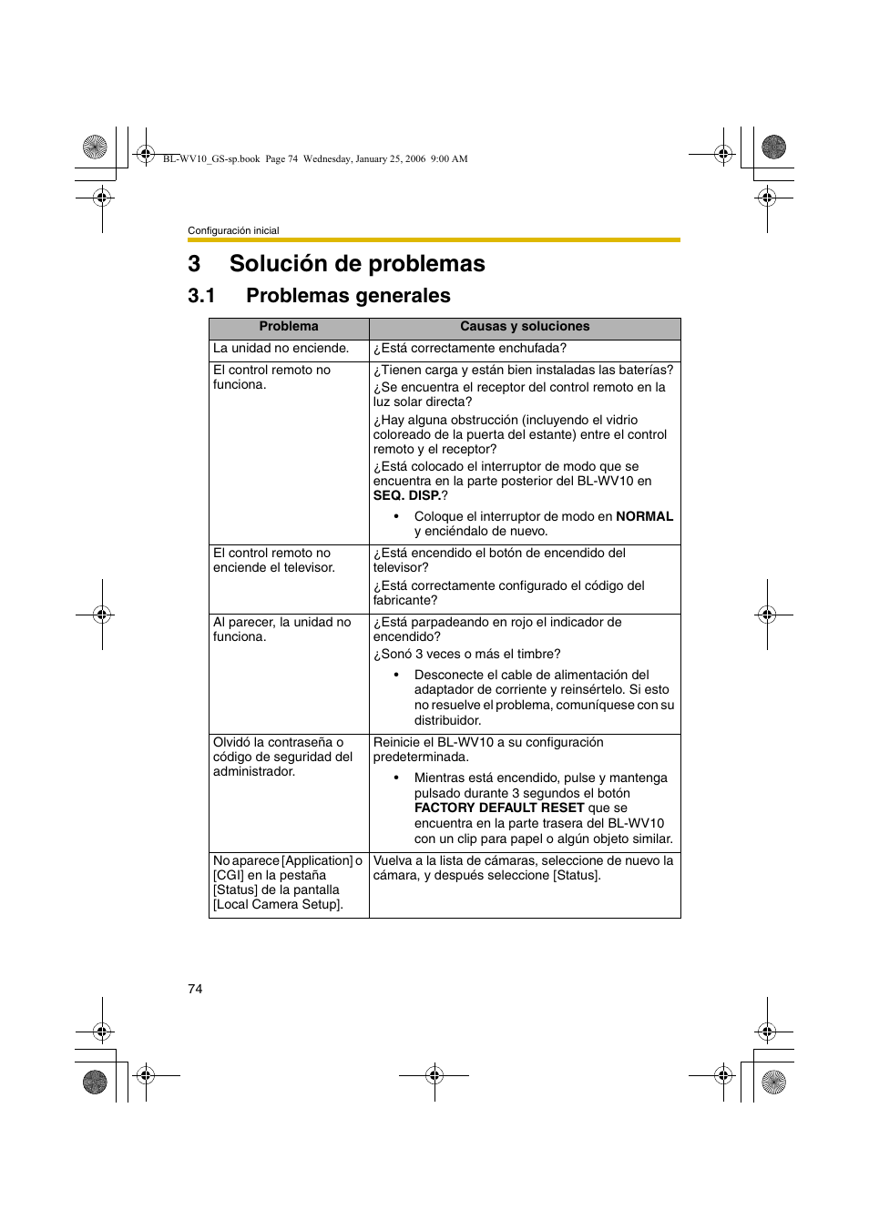 Solución de problemas, Problemas generales, 3solución de problemas | 1 problemas generales | Panasonic BL-WV10 User Manual | Page 74 / 132