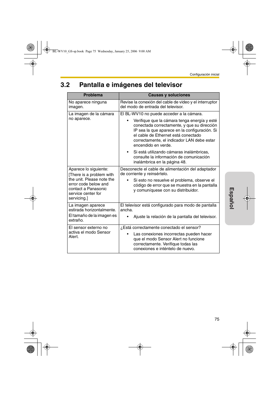 Pantalla e imágenes del televisor, 2 pantalla e imágenes del televisor, Español | Panasonic BL-WV10 User Manual | Page 75 / 132