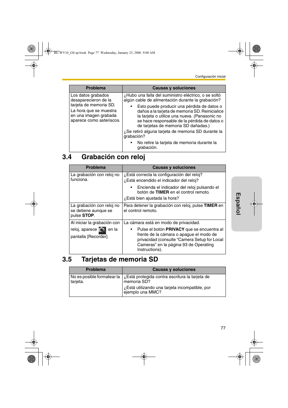 Grabación con reloj, Tarjetas de memoria sd, Español | Panasonic BL-WV10 User Manual | Page 77 / 132