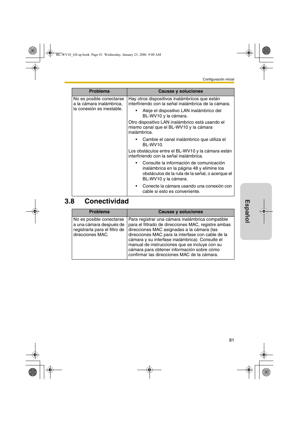 Conectividad, 8 conectividad, Español | Panasonic BL-WV10 User Manual | Page 81 / 132