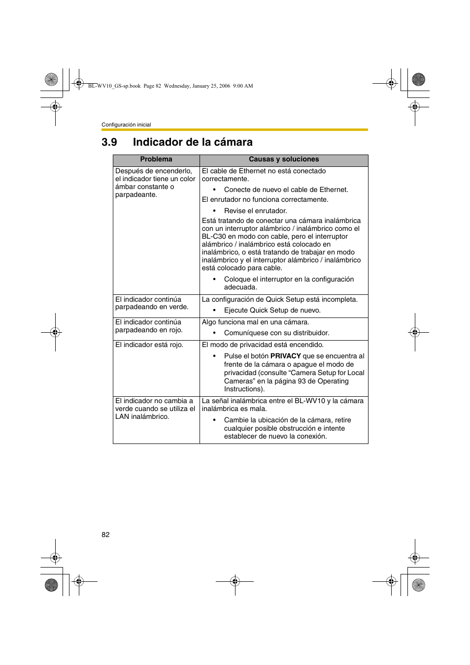 Indicador de la cámara, 9 indicador de la cámara | Panasonic BL-WV10 User Manual | Page 82 / 132