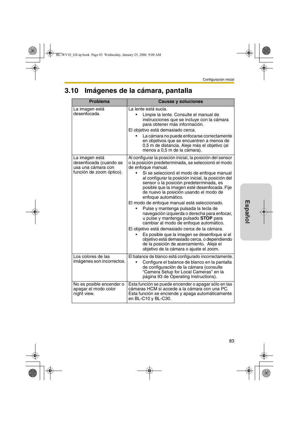 Imágenes de la cámara, pantalla, 10 imágenes de la cámara, pantalla, Español | Panasonic BL-WV10 User Manual | Page 83 / 132