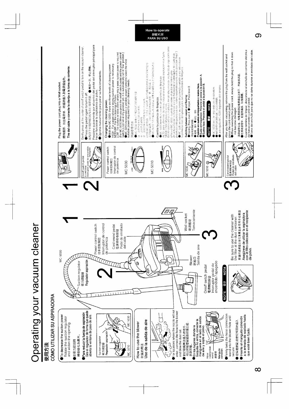 Operating your vacuum cleaner | Panasonic MC-5010 User Manual | Page 5 / 10