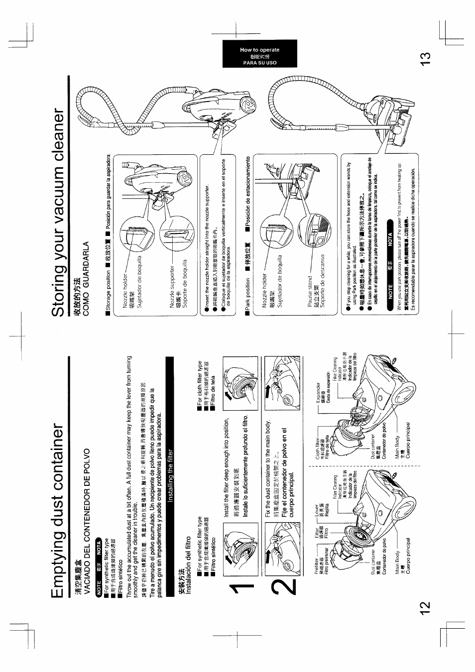 Vaciado del contenedor de polvo, Emptying dust container, Storing your vacuum cleaner 13 | Panasonic MC-5010 User Manual | Page 7 / 10