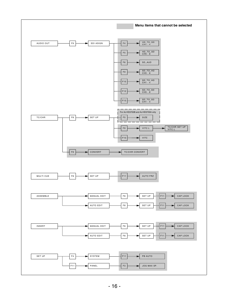 Menu items that cannot be selected | Panasonic AJ-HD3700HP User Manual | Page 16 / 18