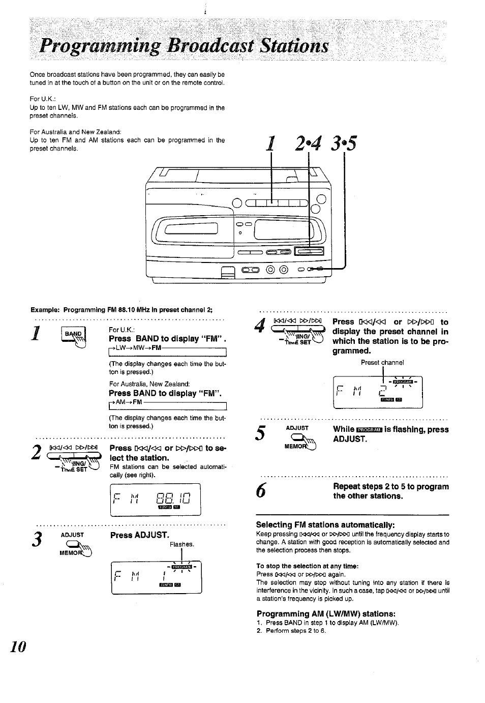 Programming broadcast stàtìons, Programming broadcast stations, Uu. tu | O<ki/<}<i c^/i>t>fl | Panasonic RX-E300 User Manual | Page 10 / 36