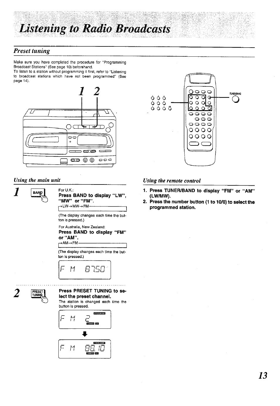 Listening to radio broadcasts, Preset tuning, Using the remote control | Concerning the remote control, Using the main unit | Panasonic RX-E300 User Manual | Page 13 / 36