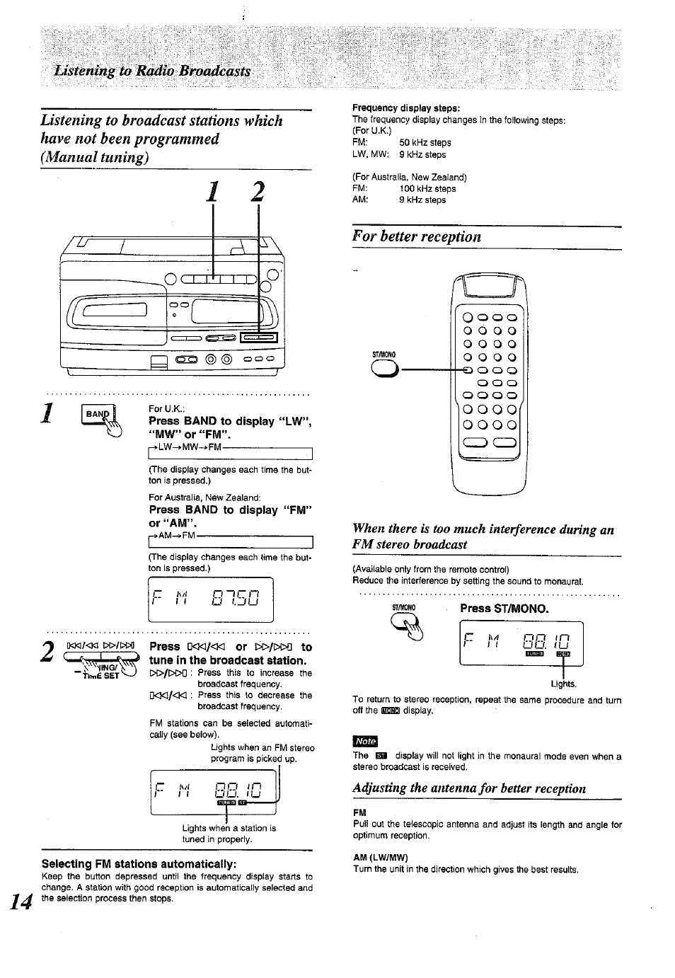 Press band to display “lw”, “mw” or “fm, Press band to display “fm” or “am, Selecting fm stations automatically | For better reception, Press st/mono, Adjusting the antenna for better reception, G o g g | Panasonic RX-E300 User Manual | Page 14 / 36