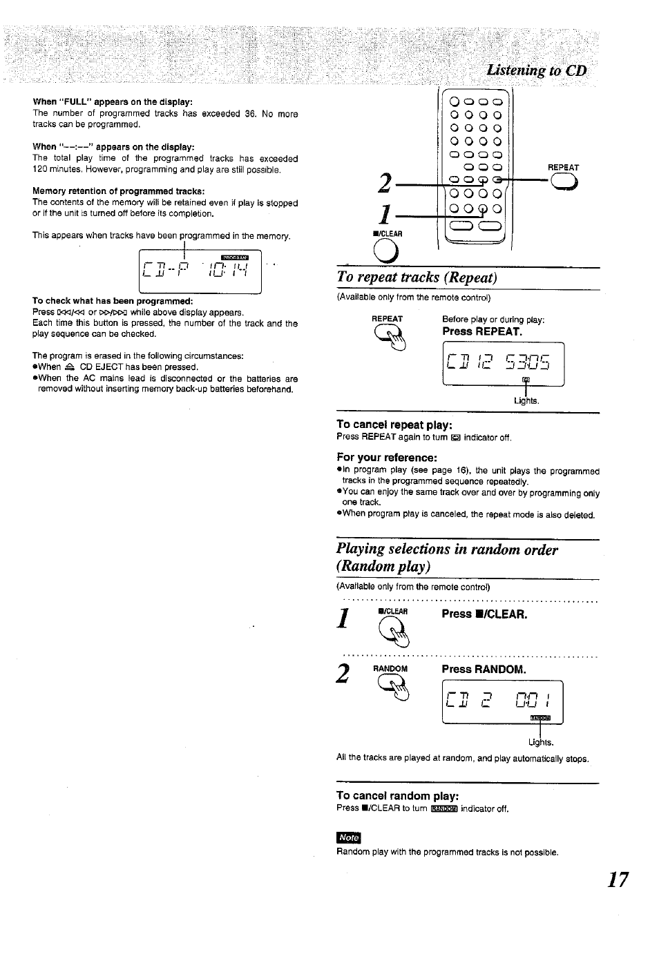 To repeat tracks (repeat), Press repeat, To cancel repeat play | For your reference, Playing selections in random order (random play), B/clear press »/clear, Press random, To cancel random play, Listening to cd, Cd cd | Panasonic RX-E300 User Manual | Page 17 / 36