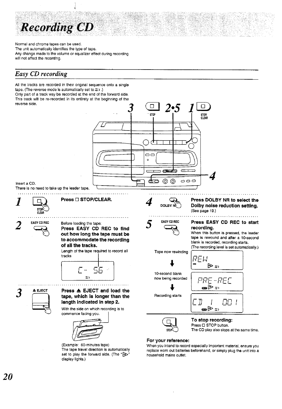 Recording cd, Easy cd recording | Panasonic RX-E300 User Manual | Page 20 / 36