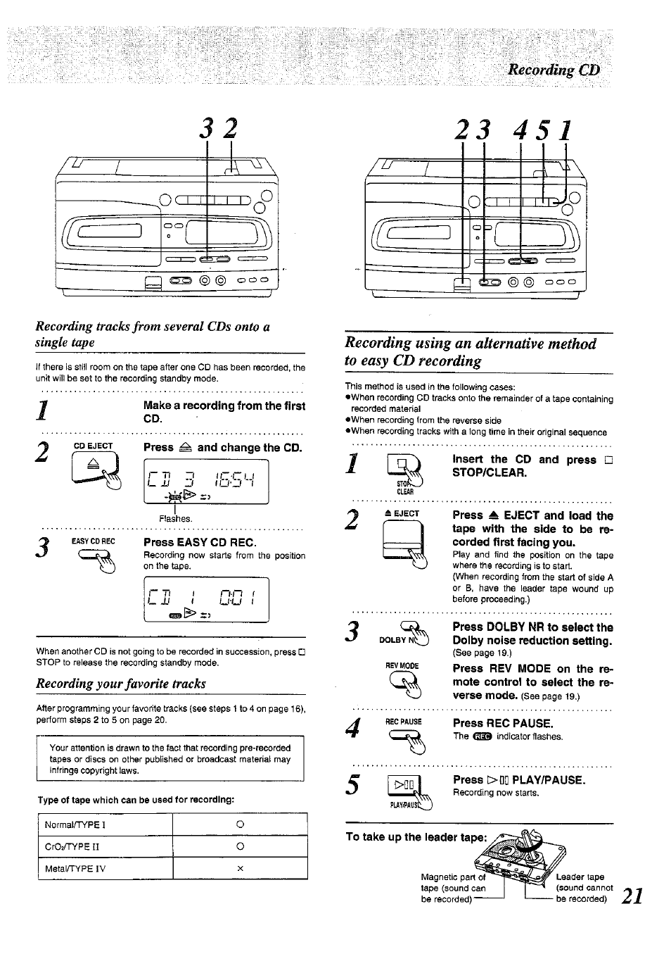 Recording cd, Recording your favorite tracks, Recording timer | Panasonic RX-E300 User Manual | Page 21 / 36