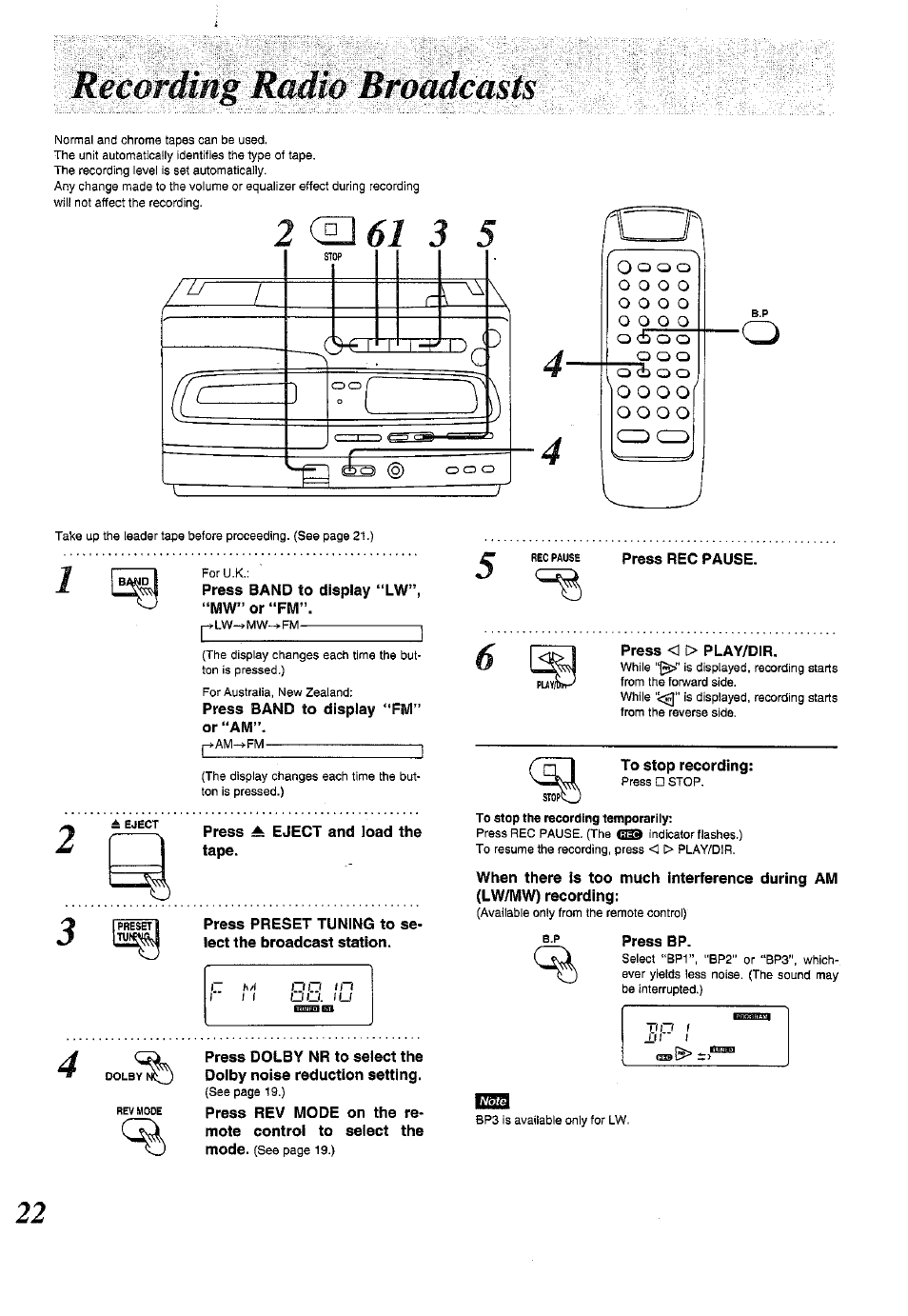 Recording radio broadcasts, O o o o, Foru.k | Lw-» m fm-----------------------------i, Stop | Panasonic RX-E300 User Manual | Page 22 / 36