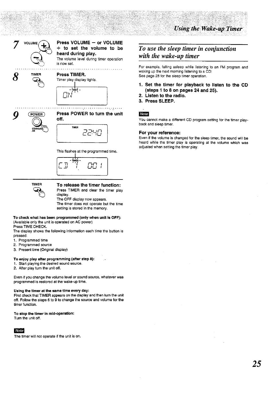 Press power to turn the unit off, To release the timer function, Listen to the radio | Press sleep, For your reference, To use the sleep timer in conjunction with, The wake-up timer, Nn t | Panasonic RX-E300 User Manual | Page 25 / 36