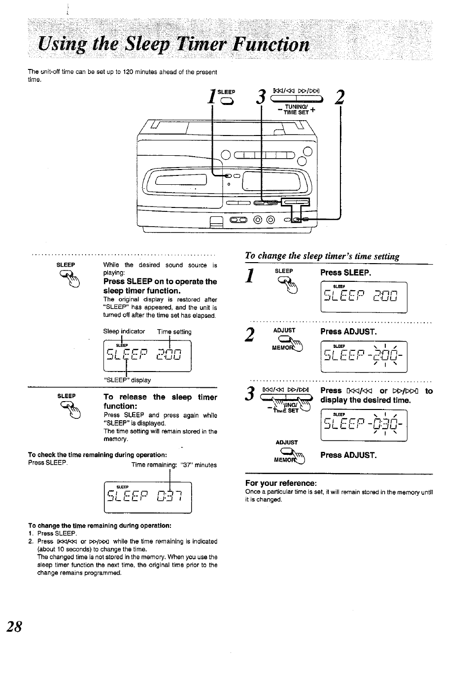 Using the sleep timer function, Press sleep on to operate the sleep timer function, To release the sleep timer function | To change the sleep timer^s time setting, Press sleep, Press adjust, For your reference, Coo n, C 1 c c o _/ i_ l. i_ 1 _n-“in (_/•_/u | Panasonic RX-E300 User Manual | Page 28 / 36