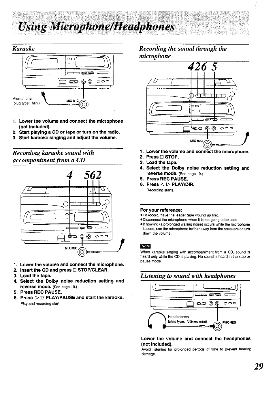 Karaoke, Recording the sound through the microphone, Bsss | Listening to sound with headphones | Panasonic RX-E300 User Manual | Page 29 / 36