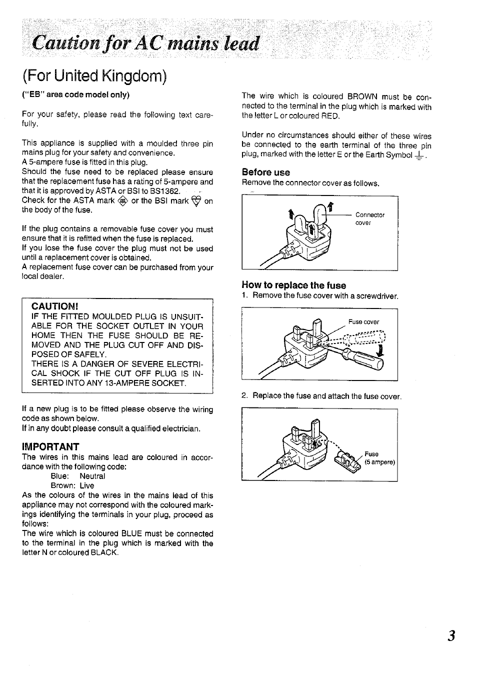 Caution for ac mains lead, For united kingdom) | Panasonic RX-E300 User Manual | Page 3 / 36