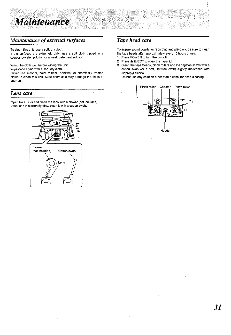 Maintenance, Maintenance of external surfaces, Lens care | Tape head care | Panasonic RX-E300 User Manual | Page 31 / 36