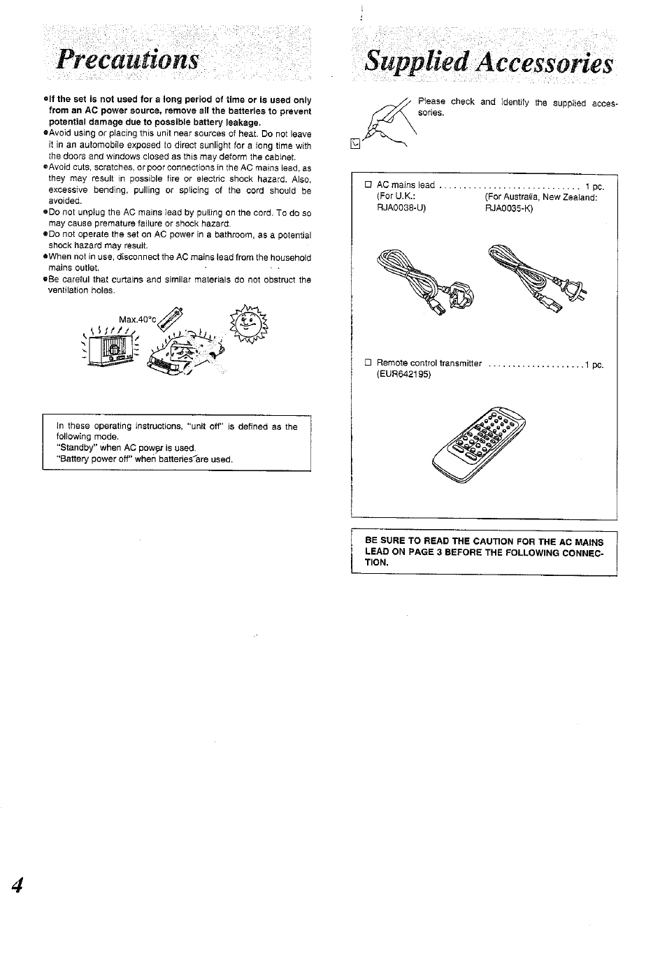 Precautions | Panasonic RX-E300 User Manual | Page 4 / 36