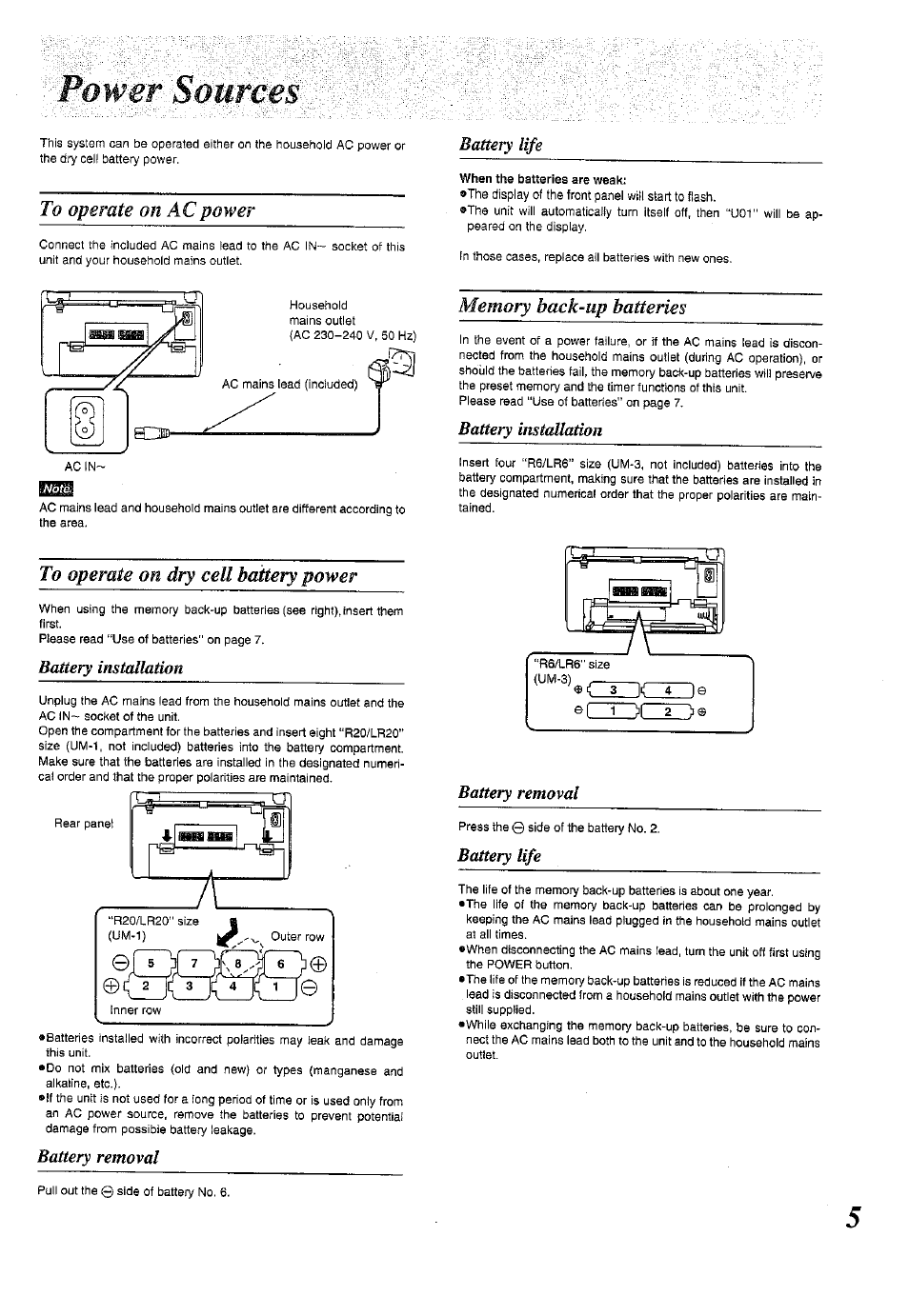 Power sources, To operate on ac power, Battery life | To operate on dry cell battery power, Battery installation, Battery removal, Memory back-up batteries | Panasonic RX-E300 User Manual | Page 5 / 36