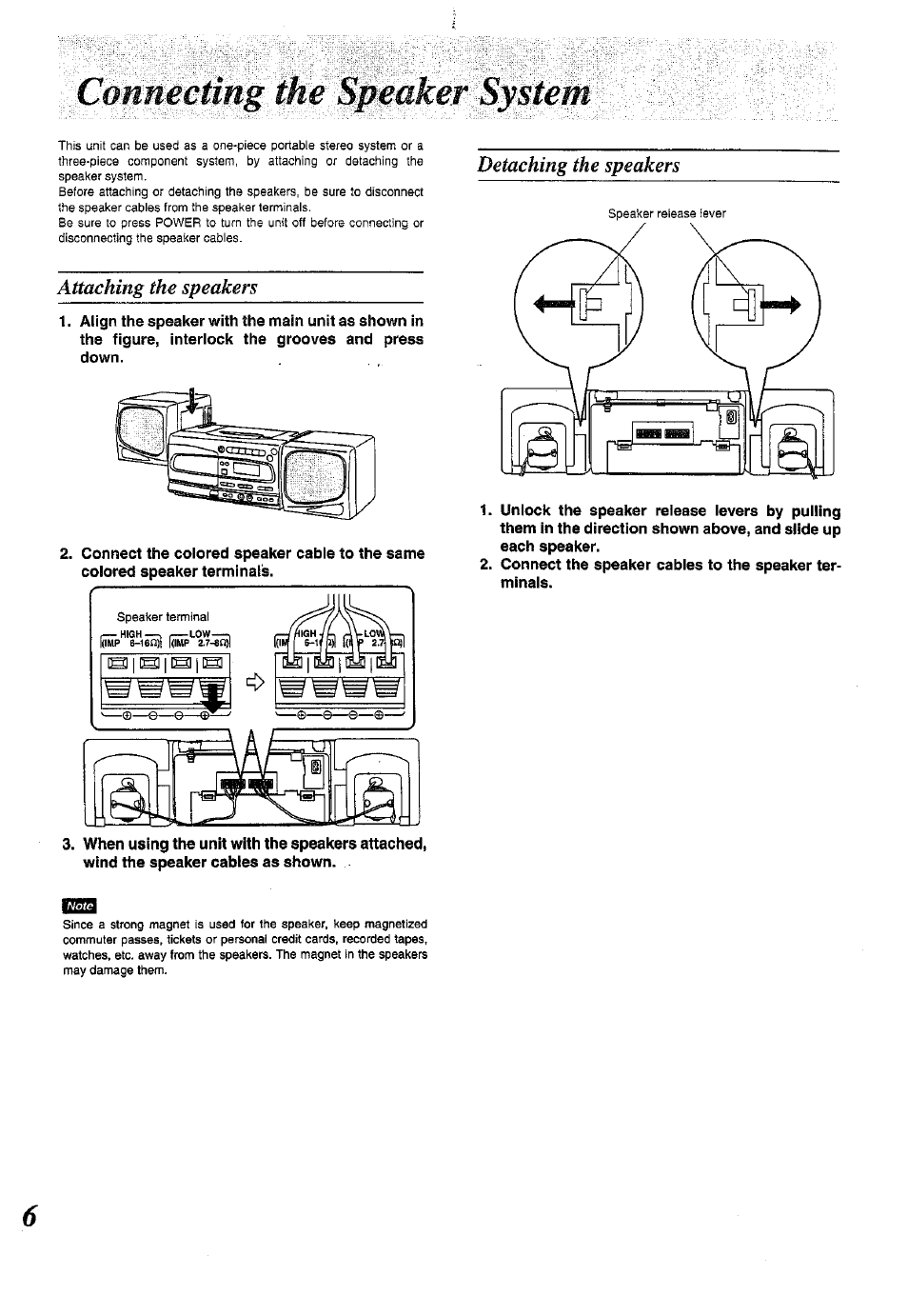 Connecting the speaker system, Attaching the speakers, Detaching the speakers | Panasonic RX-E300 User Manual | Page 6 / 36
