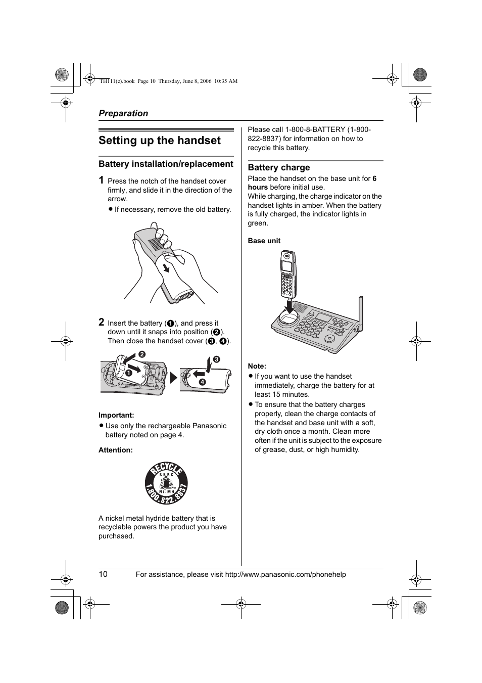 Setting up the handset, Battery installation/replacement, Battery charge | Panasonic KXTH111 User Manual | Page 10 / 88
