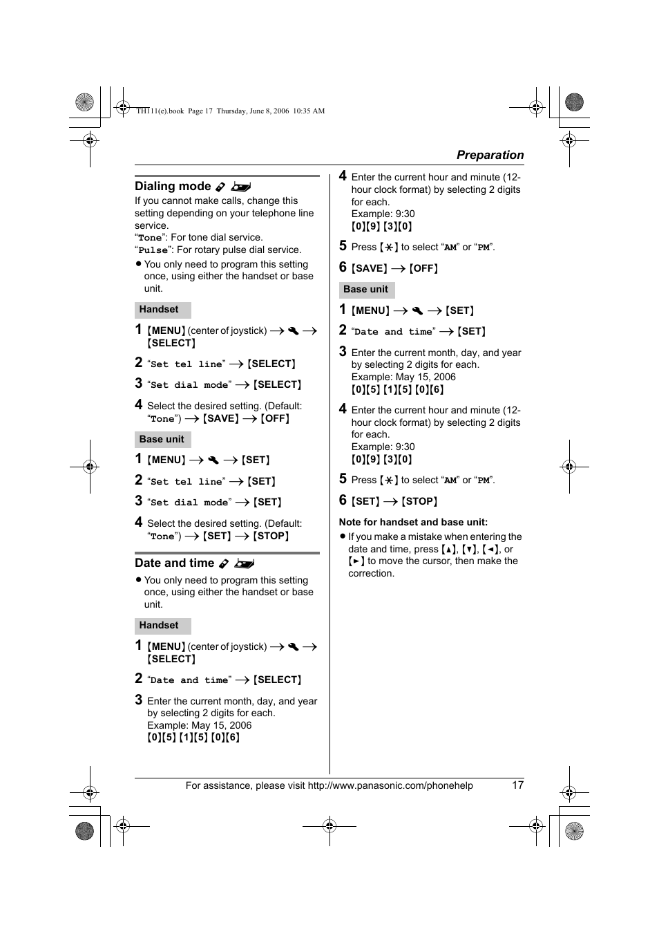 Dialing mode y, Date and time y | Panasonic KXTH111 User Manual | Page 17 / 88